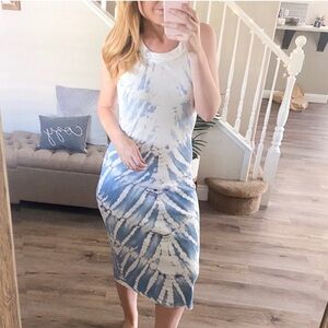 NWT YFB Midi Dress in Blue/White Tie Dye Boho Coastal Beach Travel XS
